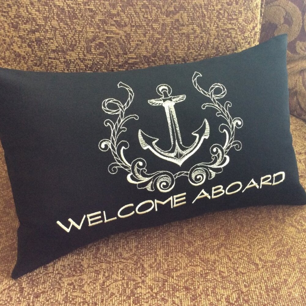 Boat Cushion Accent Pillow Nautical Gift WELCOME ABOARD Navy Denim Embroidered